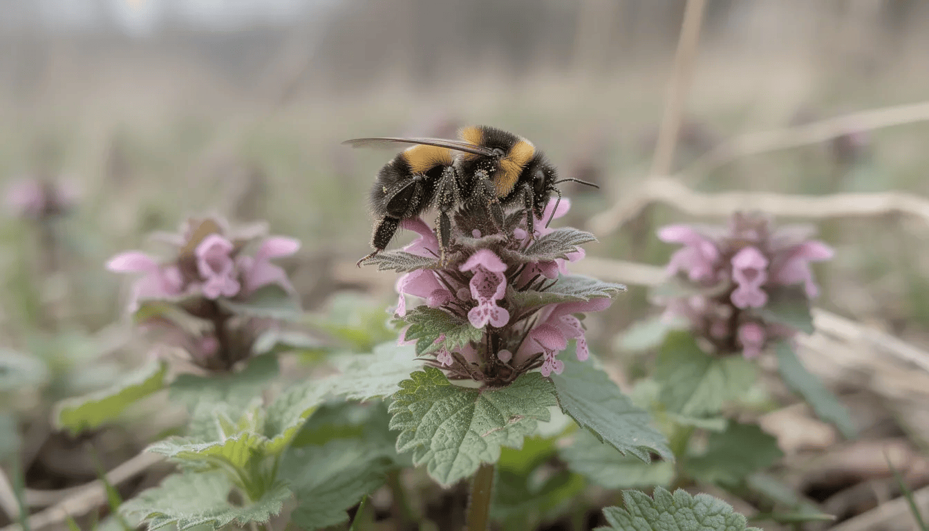 Na zdjęciu widać trzmiela zbierającego nektar z różowych kwiatów jasnoty plamistej, które kwitną wczesną wiosną. Jasnota plamista, roślina okrywowa, tworzy gęste dywany na wilgotnej glebie, a jej drobne kwiaty przyciągają owady zapylające.