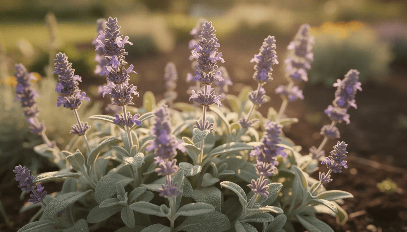 Na zdjęciu widoczna jest kwitnąca szałwia lekarska, której fioletowe kwiaty pięknie kontrastują z zielonymi liśćmi w słonecznym ogrodzie. Roślina ta, znana z właściwości leczniczych oraz jako roślina miododajna, tworzy zwarte kępy, które ozdabiają przestrzeń w ciepły, słoneczny dzień.