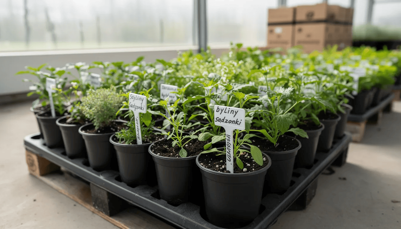 Na zdjęciu znajdują się zdrowe sadzonki bylin, w tym jarzmianki większej, umieszczone w pojemnikach, gotowe do wysyłki. Rośliny charakteryzują się zwartymi kępami i zielenią liści, co świadczy o ich dobrym stanie oraz przygotowaniu do sadzenia w rabatach bylinowych.