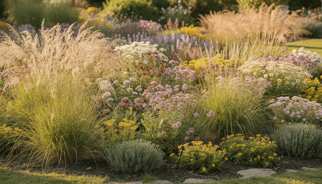 W słonecznym ogrodzie znajduje się kompozycja z ozdobnymi trawami i kwitnącymi bylinami, w tym złocistymi kwiatami dziurawca zwyczajnego. Rośliny te tworzą estetyczny wygląd, a ich liście rosną naprzeciwlegle, co dodatkowo podkreśla urok rabat bylinowych.