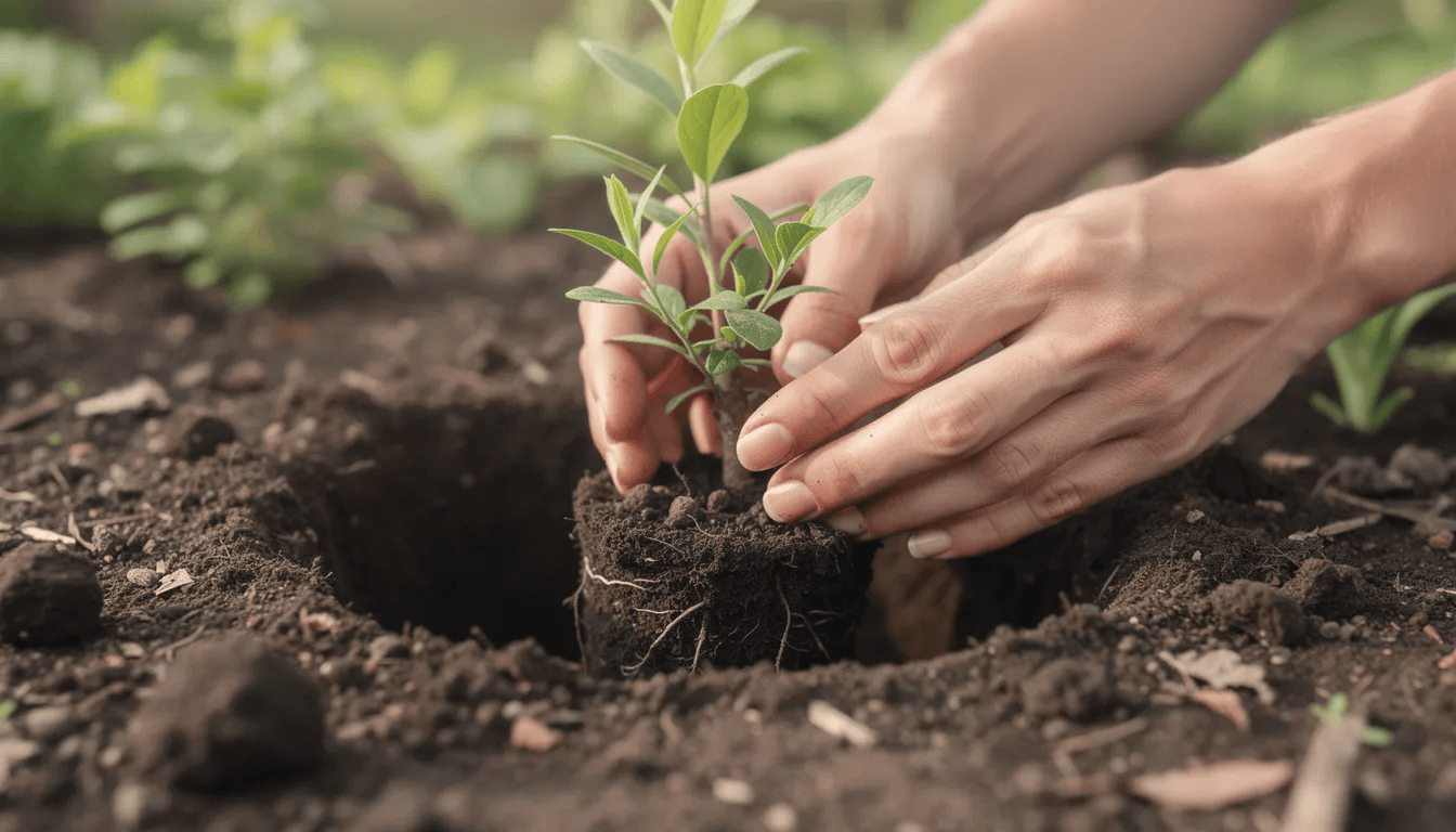 Na zdjęciu widoczne są ręce sadzące młody krzew kaliny koralowej w przygotowany dołek w żyznej glebie. Roślina ta, znana z kulistych kwiatostanów i czerwonych owoców, jest idealna do uprawy w ogrodzie, zwłaszcza w eksponowanych miejscach.