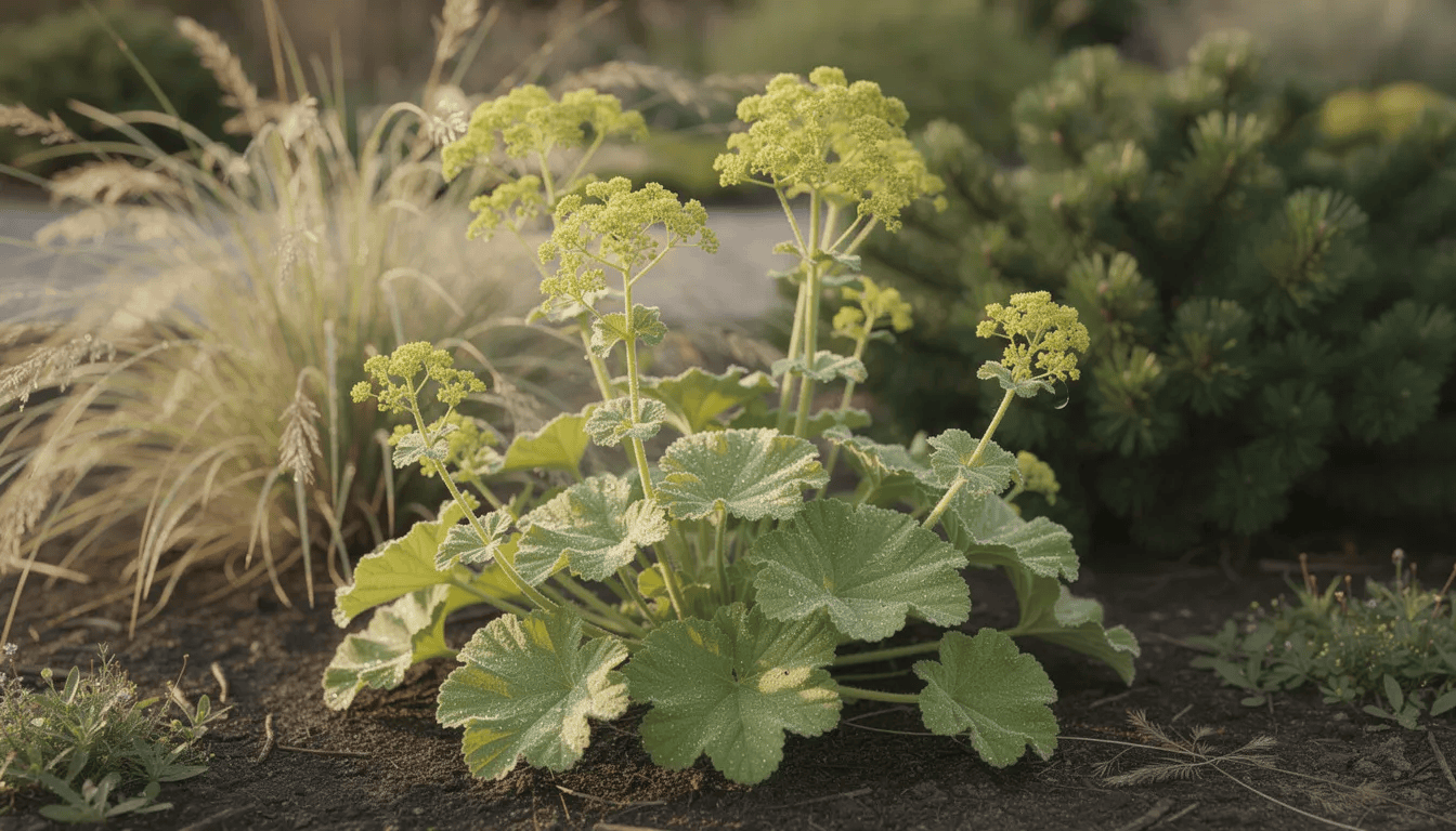 Na zdjęciu widoczny jest przywrotnik miękki, rosnący w towarzystwie ozdobnych traw oraz niskich krzewów iglastych. Roślina ta charakteryzuje się gęstymi kępami jasnozielonych liści oraz drobnymi żółtozielonymi kwiatami, tworząc harmonijną kompozycję w ogrodzie naturalistycznym.