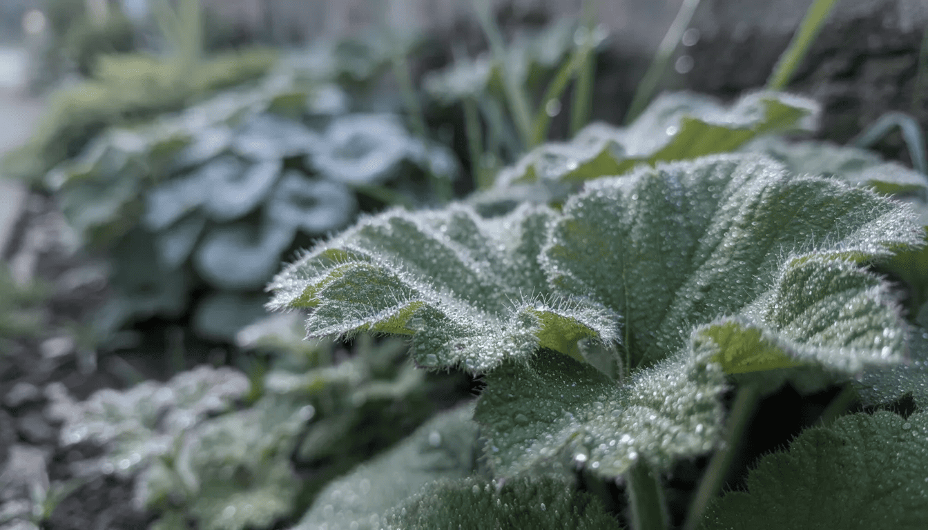 Zbliżenie na liście przywrotnika pospolitego, pokryte kroplami porannej rosy, na tle zielonej rabaty ogrodowej. Liście mają jasnozielony kolor i długie ogonki, co sprawia, że roślina ta doskonale nadaje się do ogrodów naturalistycznych oraz rabat bylinowych.