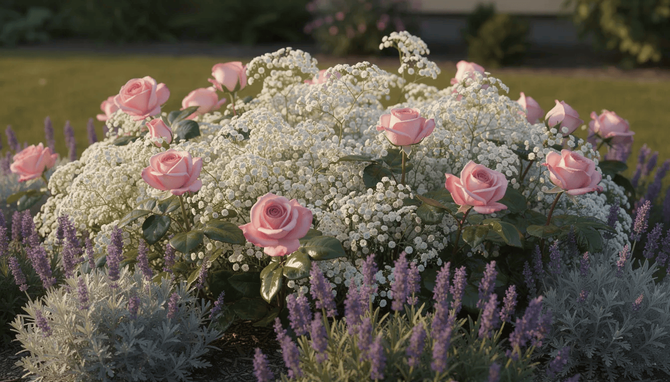 Na obrazku przedstawiona jest kolorowa rabata z białą gipsówką, różowymi różami oraz fioletowymi kocimiętkami. Gipsówka wiechowata z drobnymi, białymi kwiatami efektownie komponuje się z intensywnym kolorem róż, tworząc piękną dekorację w ogrodzie.