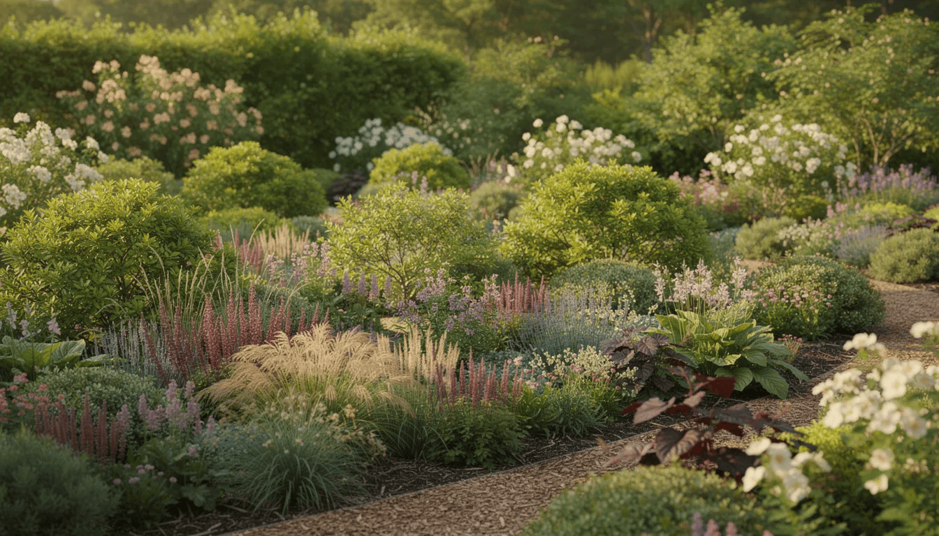 Wielowarstwowa kompozycja ogrodowa z bylinami i krzewami, w której wyróżniają się gęste kępy rutewki delavaya z pierzastymi liśćmi i wiechowatymi kwiatostanami, tworzy estetyczny wygląd w ogrodzie naturalistycznym. Rośliny te, w odcieniach fioletu i bieli, doskonale komponują się z innymi niższymi roślinami, tworząc harmonijną przestrzeń w pełnym słońcu.