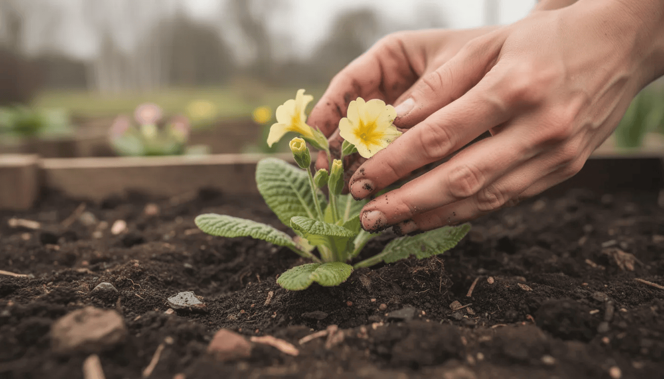 Na zdjęciu widoczne są dłonie sadzące młode pierwiosnki w przygotowaną glebę ogrodową, co symbolizuje wczesną wiosnę i radość związana z uprawą roślin kwitnących. Wśród sadzonek można dostrzec różne gatunki pierwiosnków, które obficie kwitną w ogrodzie.