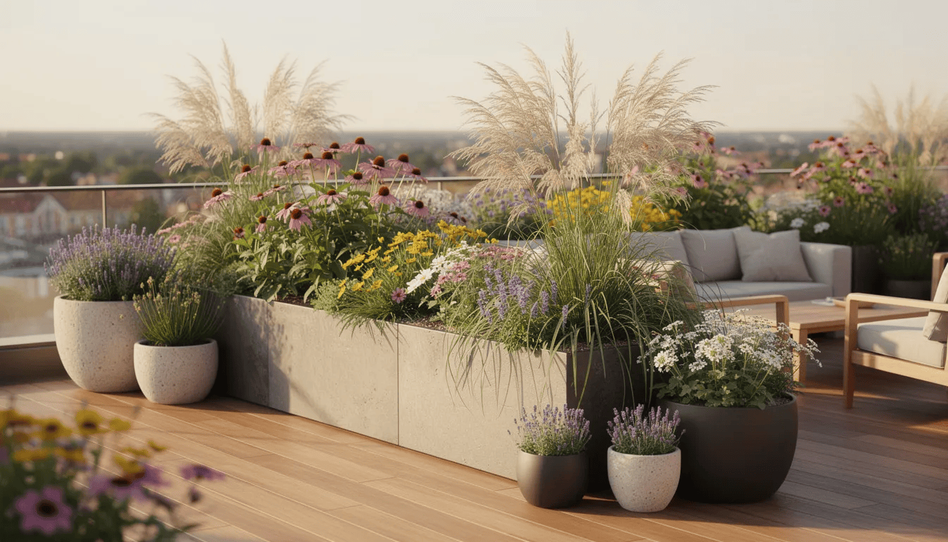 Na tarasie znajdują się duże donice wypełnione kwitnącymi bylinami, w tym odętką wirginijską, której jasnoróżowe kwiaty przyciągają owady zapylające. Rośliny rosną w pełnym słońcu, tworząc gęste kępy, które doskonale prezentują się w każdym ogrodzie.