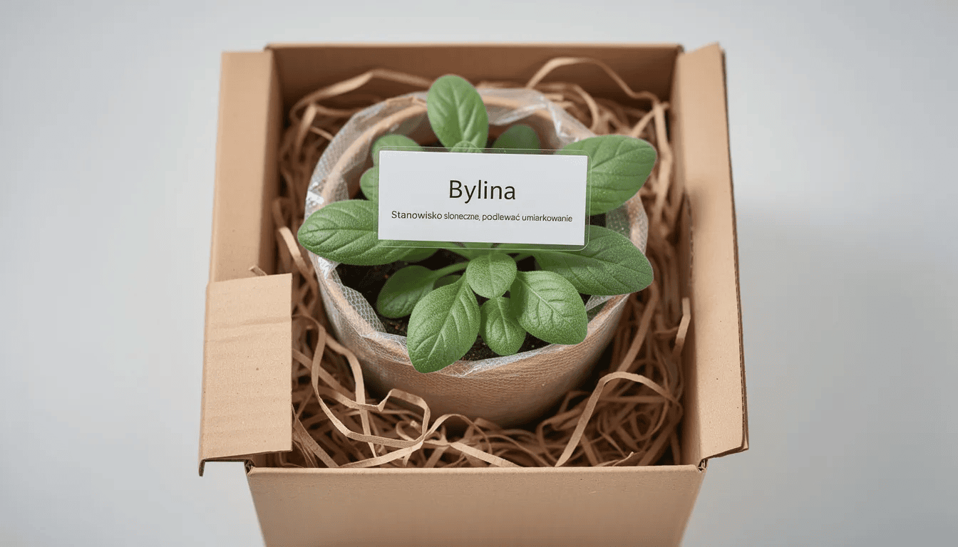 Na zdjęciu znajduje się starannie zapakowana sadzonka pysznogłówki, gotowa do wysyłki, z widoczną etykietą. Roślina ta, należąca do rodziny jasnotowatych, charakteryzuje się lancetowatymi liśćmi oraz główkowatymi kwiatostanami, które kwitną latem i przyciągają pszczoły oraz motyle.