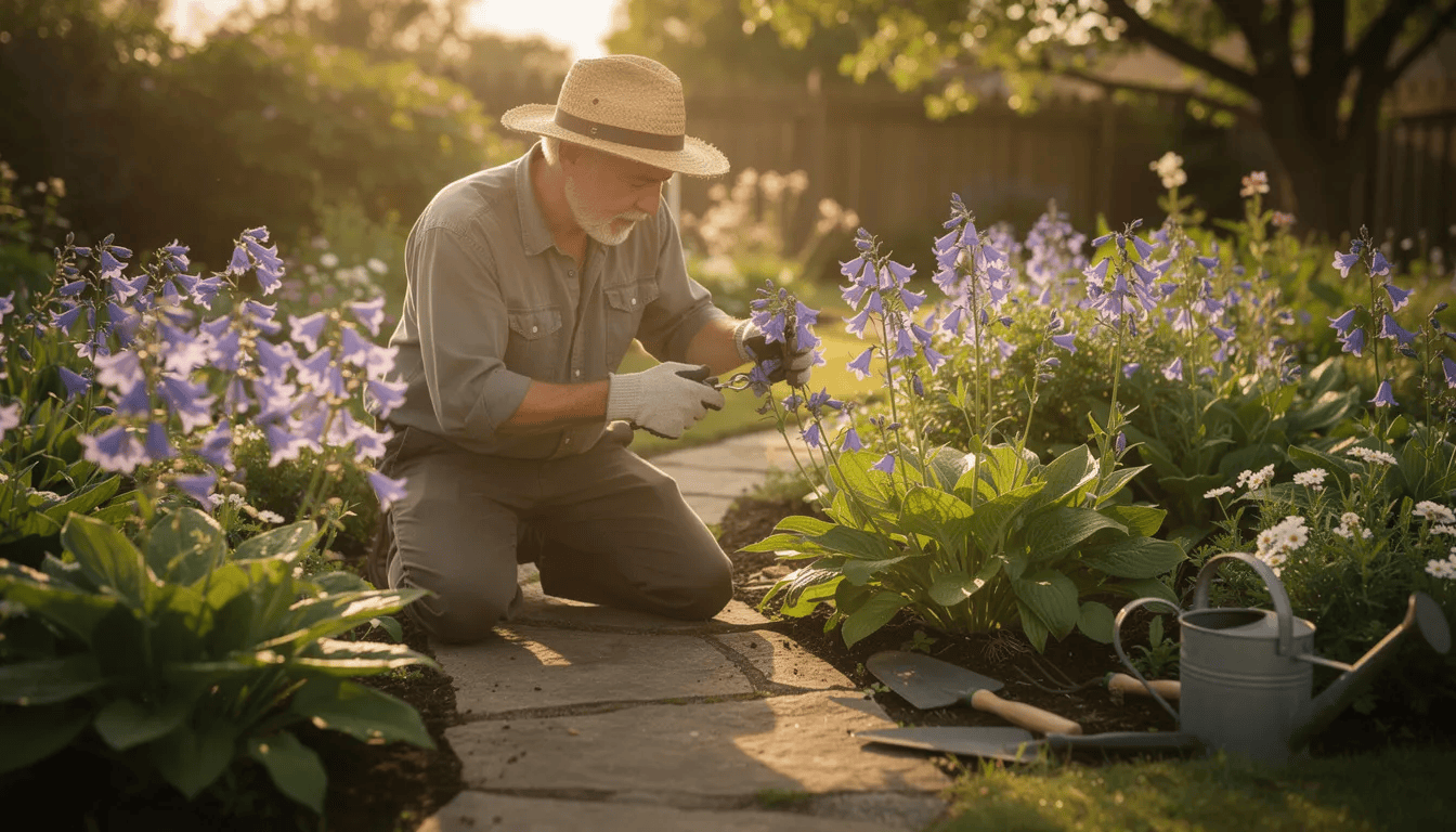Ogrodnik pielęgnuje kwitnące dzwonki w ogrodzie, otoczony przez rośliny o niebiesko-fioletowych kwiatach, które przyciągają pszczoły i motyle. W tle widać skalniaki, w których rosną różne odmiany campanuli, w tym dzwonek szerokolistny i dzwonek karpacki.