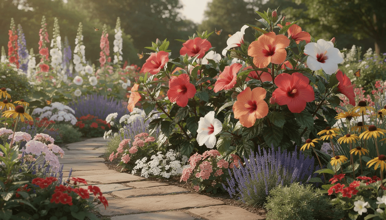 W ogrodzie rosną piękne krzewy hibiskusa, w tym hibiskus ogrodowy i hibiskus bagienny, otoczone bujnymi bylinami, które tworzą kolorowy, kwitnący krajobraz. Kwiaty hibiskusa o intensywnych barwach dodają uroku temu idyllicznemu miejscu, idealnemu do relaksu w ciepłe dni.