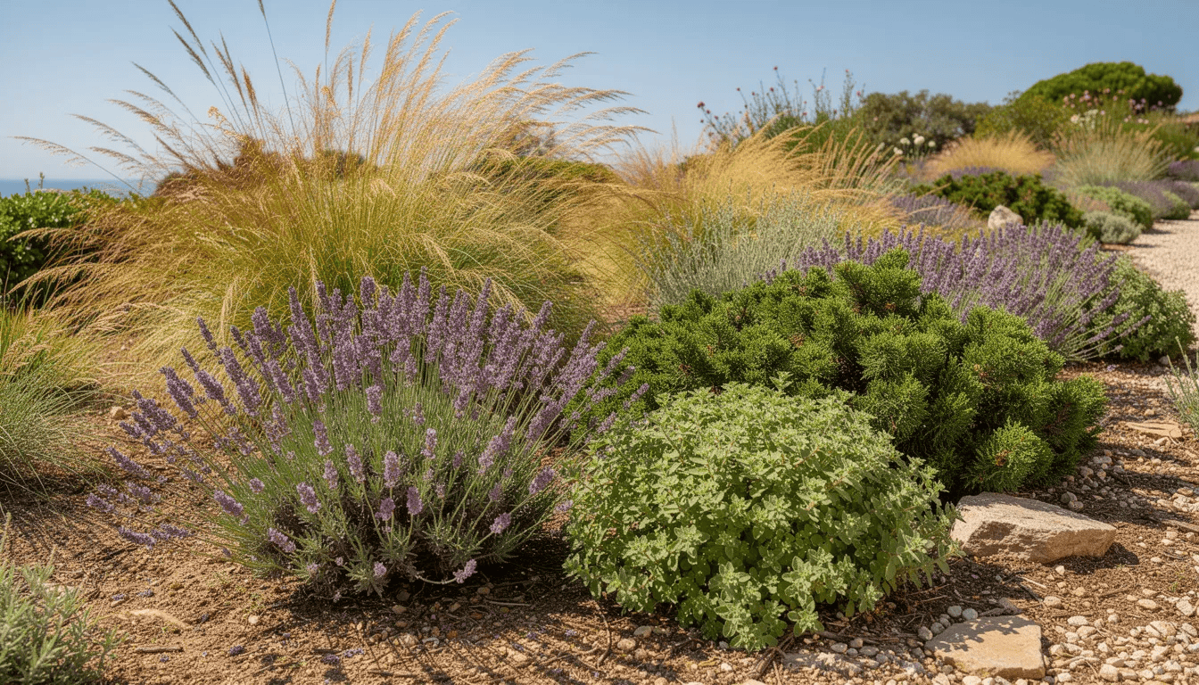 Na zdjęciu widać śródziemnomorską rabatę, w której rośnie lawenda, oregano oraz różne trawy ozdobne i niskie iglaki, wszystko w pełnym słońcu. Oregano, znane jako lebiodka pospolita, ma intensywny aromat i szarozielone liście, które idealnie komponują się z pozostałymi roślinami w ogrodzie.