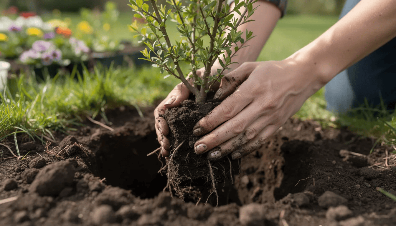 Na obrazku widać dłonie sadzące młode sadzonki hibiskusa w przygotowanym dołku w ogrodzie. Roślina ta, znana również jako ketmia syryjska, pięknie kwitnie w okresie letnim, a jej duże kwiaty mogą przybierać różne odcienie różu.