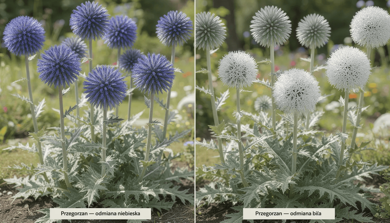 Na obrazku przedstawione są różne odmiany przegorzanu, w tym niebieskie i białe kuliste kwiatostany, które wyrastają na wysokich pędach, osiągających do 160 cm wysokości. Kwiaty te, należące do rodziny astrowatych, charakteryzują się ładnym pokrojem i mogą być uprawiane w rabatach żwirowych oraz w pobliżu pasiek.