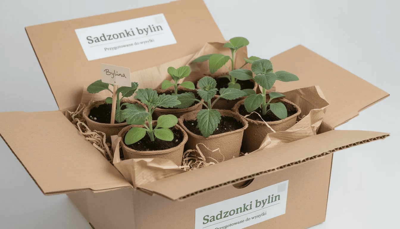 Na obrazku widoczne jest kartonowe opakowanie wypełnione sadzonkami bylin, w tym serduszki okazałej, które przygotowane są do wysyłki. Sadzonki mają delikatne liście i pędy, które mogą szybko pojawić się w ogrodzie, a ich kwiaty w kształcie serca będą ozdabiać stanowiska półcieniste.