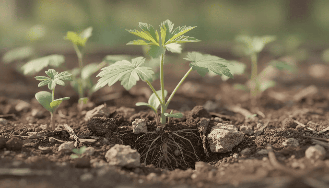 Na zdjęciu widoczne są młode sadzonki łubinu, rosnące w dobrze przygotowanej, przepuszczalnej glebie. Rośliny te, reprezentujące różne odmiany łubinu, mają zielone liście i są w fazie wzrostu, co sugeruje ich zdrowy rozwój w słonecznym stanowisku.