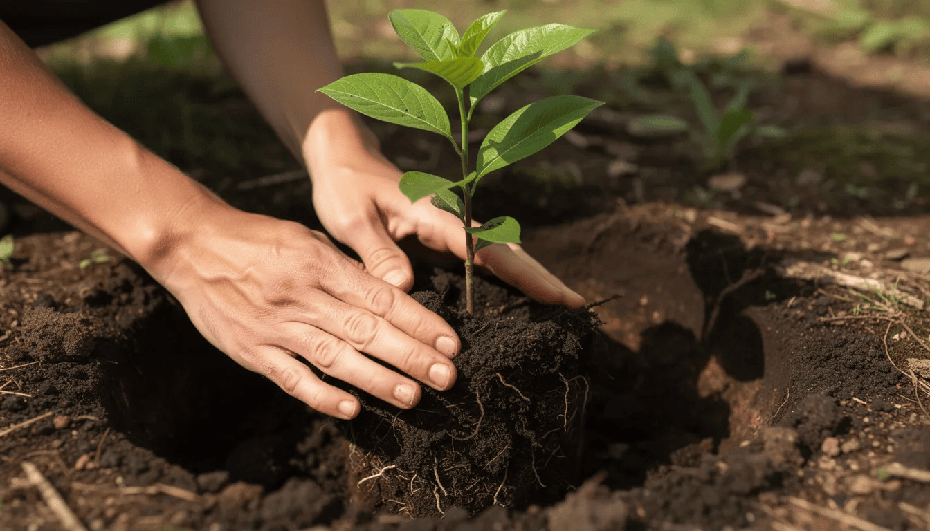 Na zdjęciu widoczne są ręce sadzące młode drzewko buka zwyczajnego w przygotowany dołek z ciemną, żyzną glebą, co sugeruje dbałość o jego wzrost i zdrowie. W tle można dostrzec promienie słoneczne, które oświetlają otoczenie, co podkreśla wiosenny klimat sadzenia roślin.
