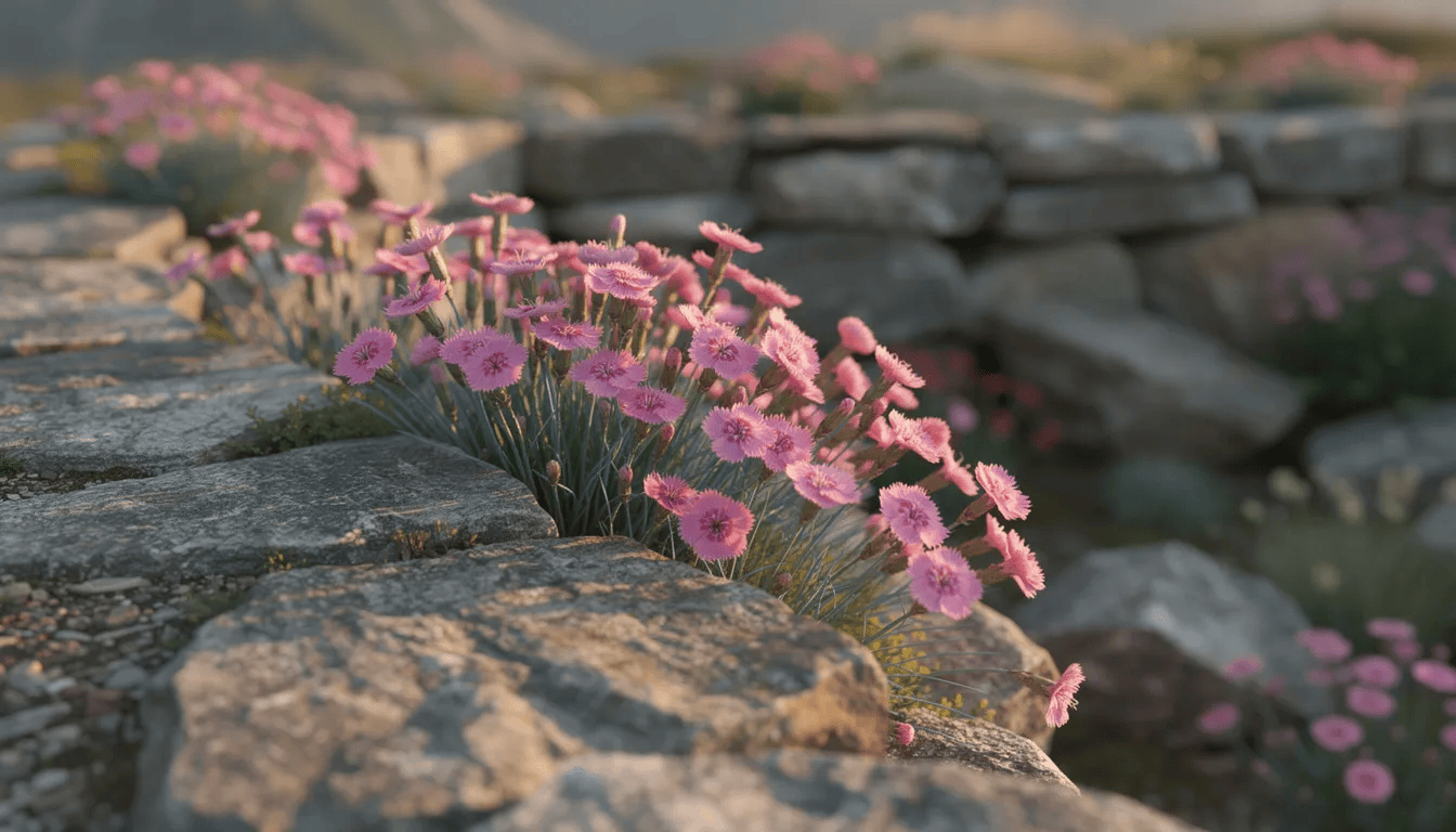 Na kamiennym murku w ogrodzie skalnym rosną goździki alpejskie, charakteryzujące się intensywnymi kolorami i gęstymi kępami. Kwiaty te, będące przedstawicielami rodziny goździkowatych, tworzą piękne kompozycje, dodając uroku naturalnemu środowisku ogrodu.