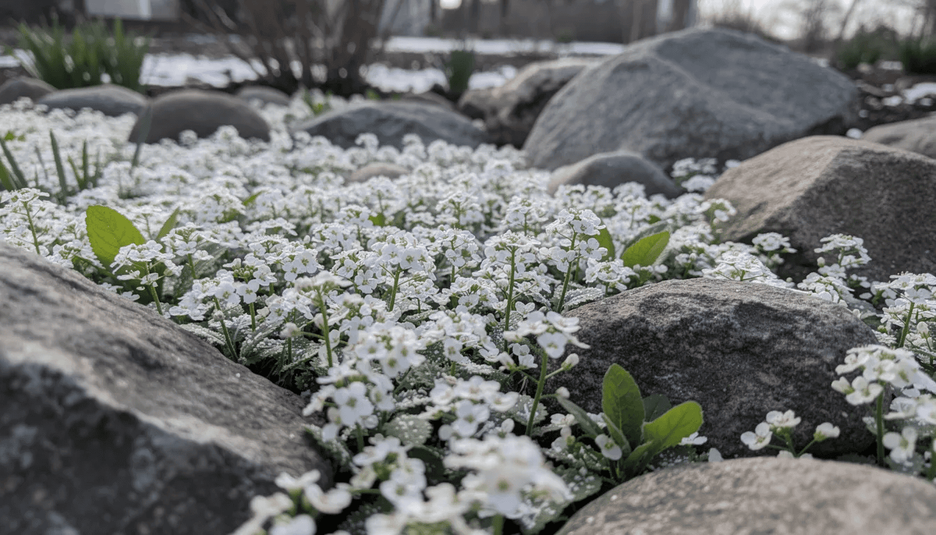 Na zdjęciu widoczny jest biały dywan kwitnącej gęsiówki kaukaskiej, rozciągający się na skalniaku wśród szarych kamieni, co tworzy piękny kontrast. Roślina, będąca niską byliną, zachwyca obfitym kwitnieniem wczesną wiosną, dodając uroku ogrodowi skalnemu.