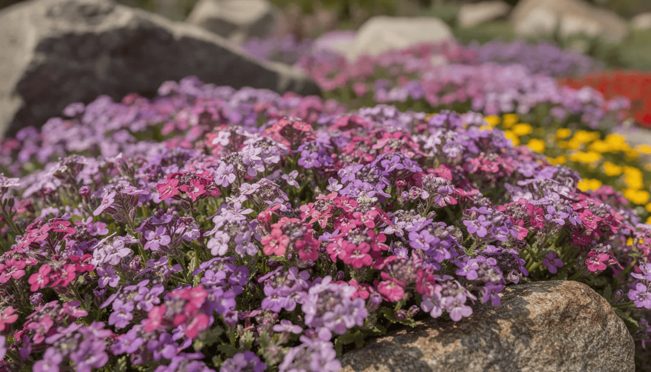 Na obrazku widoczny jest kolorowy kobierzec kwitnącego żagwinu ogrodowego, z dużymi ciemnoczerwonymi i fioletowymi kwiatami, rozkwitającymi na skalniaku otoczonym kamieniami. Roślina ta, będąca byliną, idealnie nadaje się do ogrodów skalnych i kwitnie przez całe lato, tworząc piękne kompozycje w przestrzeni ogrodowej.