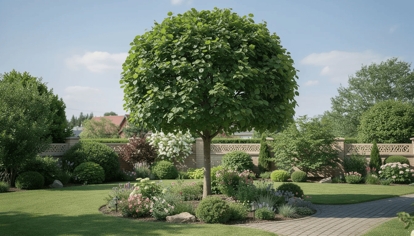 Na zdjęciu widoczna jest profesjonalnie przycięta lipa drobnolistna z uformowaną zwartą koroną w przydomowym ogrodzie. Drzewo, osiągające wysokość do 30 m, ma ciemnozielone liście oraz pachnące kwiaty, które przyciągają pszczoły.