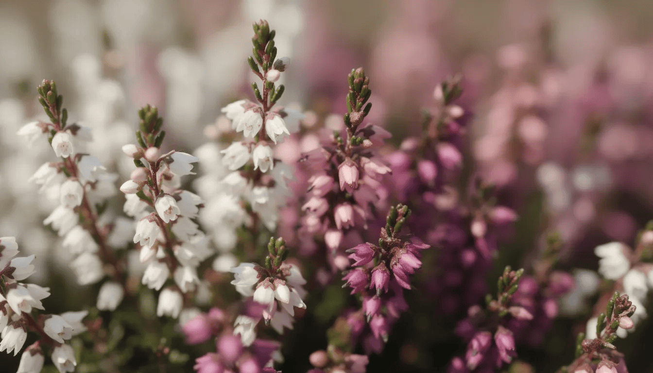 Zbliżenie na różnokolorowe kwiaty wrzosu, w tym białe, różowe i fioletowe odmiany, rosnące obok siebie w słonecznym stanowisku. Te zimozielone krzewinki, znane jako wrzos pospolity, prezentują obfite kwitnienie i różnorodność barw, co czyni je atrakcyjnym elementem ogrodów.
