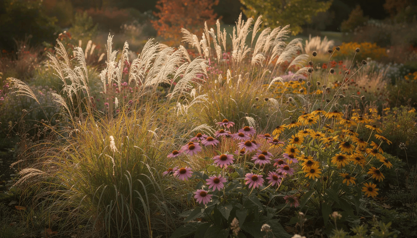 Na obrazie widoczna jest naturalistyczna rabata ogrodowa, w której rosną gęste kępy miskantów, jeżówek i rudbekii, oświetlone przez jesienne słońce. Te piękne byliny wieloletnie, w odcieniach różu i bieli, tworzą harmonijną kompozycję, cieszącą oko i przyciągającą pszczoły.