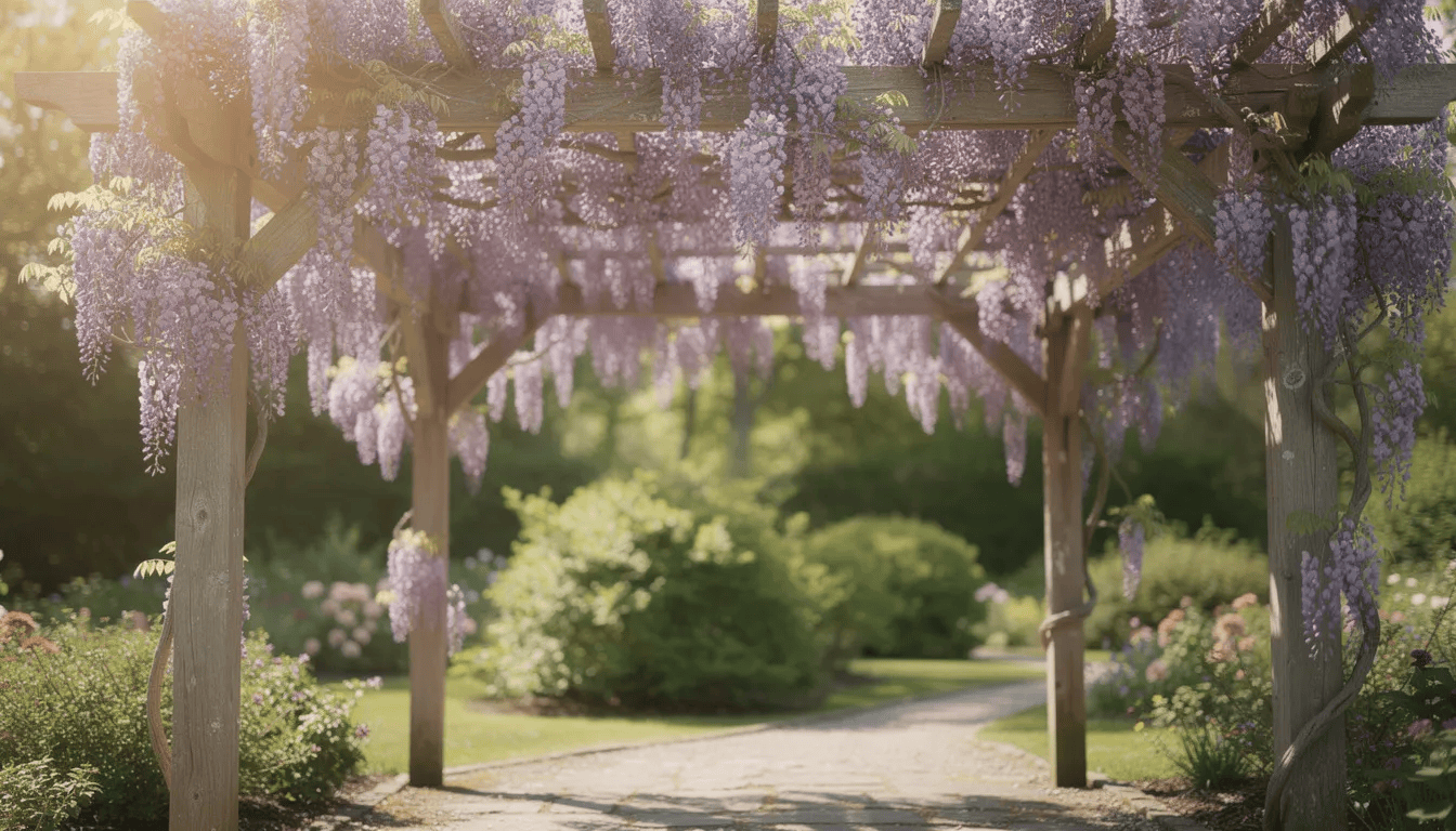 Na zdjęciu widoczne są kaskadowe, fioletowe kwiaty glicynii zwisające z drewnianej pergoli w słonecznym ogrodzie, tworząc efektowną kompozycję. Kwiaty te, znane również jako wisteria, mają długie groniaste kwiatostany, które dodają uroku otoczeniu.