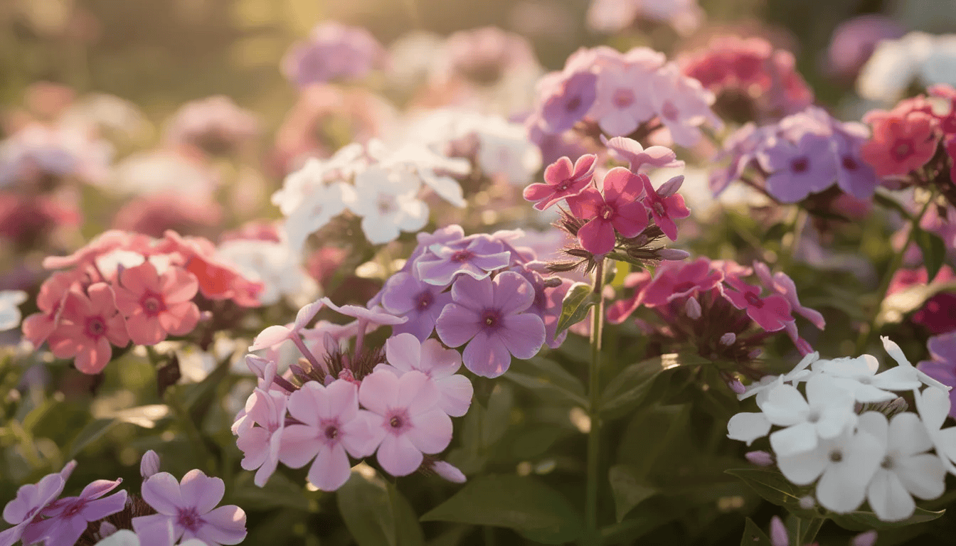 W letnim ogrodzie w pełnym rozkwicie znajdują się kolorowe kwiaty floksów, w tym płomyki wiechowate, które tworzą gęste kobierce o pięknym zapachu. Kwiaty te, osiągające wysokość do 60 cm, zachwycają różnorodnością kolorów i obfitością kwitnienia, tworząc malowniczy widok w słonecznym otoczeniu.