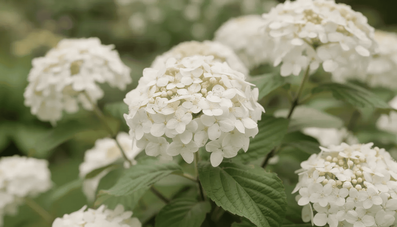 Na zdjęciu widoczny jest krzew kaliny w pełnym rozkwicie, z białymi, kulistymi kwiatostanami, otoczony zielonymi liśćmi w ogrodzie. Roślina ta, znana jako kalina koralowa, prezentuje się szczególnie efektownie w wiosennym słońcu.