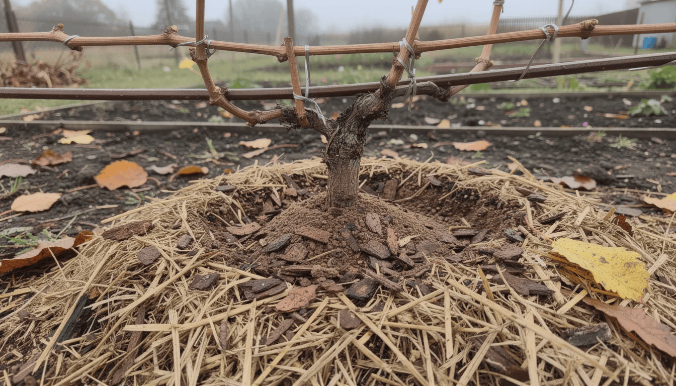 Na zdjęciu widać winorośl z podstawą okrytą ściółką oraz kopczykiem ziemi, przygotowaną na zimę. Roślina jest starannie pielęgnowana, co zapewni jej zdrowy wzrost i obfite plony w nadchodzących sezonach.