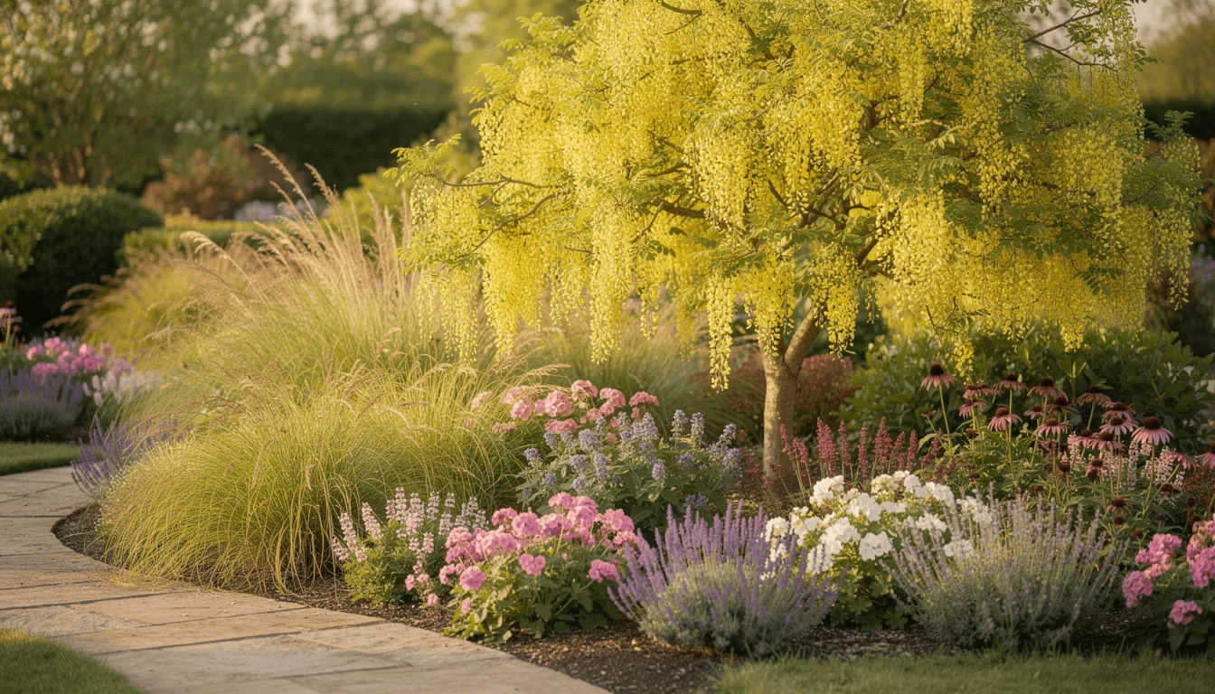 W ogrodzie znajduje się kompozycja z kwitnącym złotokapem, który tworzy zwisające grona kwiatów, otoczony przez ozdobne trawy i byliny. Całość prezentuje się harmonijnie, z wyprostowanymi gałęziami złotokapu, tworząc przyjemny widok w centralnej części ogrodu.