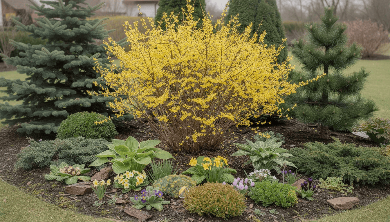 W ogrodzie wczesną wiosną kwitną pięknie krzewy forsycji, ozdobione żółtymi kwiatami, w towarzystwie zimozielonych iglaków i wczesnowiosennych bylin. Forsycja pośrednia prezentuje obfite kwitnienie, dodając uroku temu kolorowemu krajobrazowi.