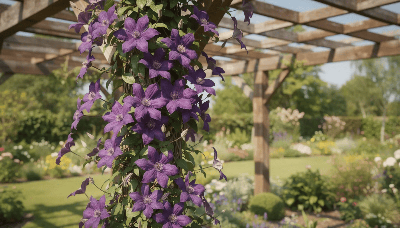 Na obrazku widoczny jest kwitnący powojnik o fioletowych kwiatach, wspinający się po drewnianej pergoli w słonecznym ogrodzie. Roślina ta, znana z obfitego kwitnienia, doskonale komponuje się z otoczeniem, tworząc piękną dekorację wśród zielonych liści.