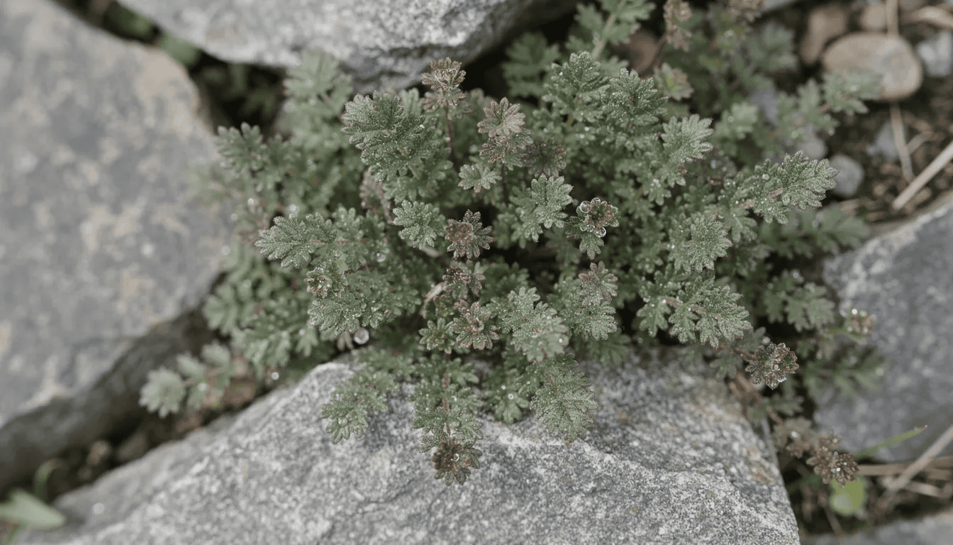 Na zdjęciu widoczna jest acena drobnolistna z miedziano-zielonymi liśćmi, rosnąca między kamieniami w ogrodzie skalnym. Liście tej rośliny okrywowej jesienią zmieniają kolor, a jej gęsty pokrój doskonale komponuje się z otoczeniem.