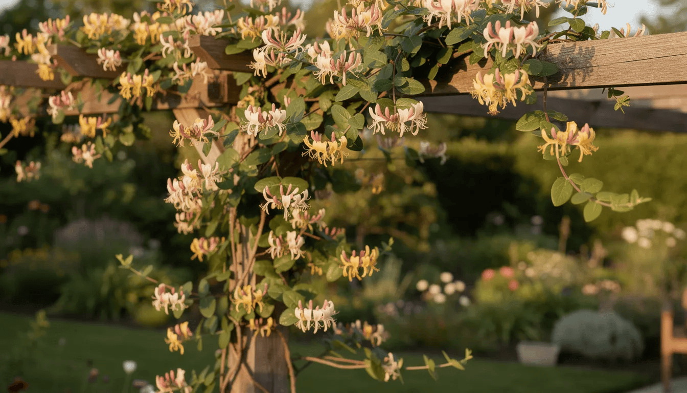 Na zdjęciu widać kwitnący wiciokrzew oplatający drewnianą pergolę w letnim ogrodzie, z obficie rozwiniętymi różowymi kwiatami, które przyciągają wzrok. Roślina ta, będąca jednym z najcenniejszych pnączy ogrodowych, tworzy malowniczy widok, idealnie nadając się do dekoracji przestrzeni wokół podpór.