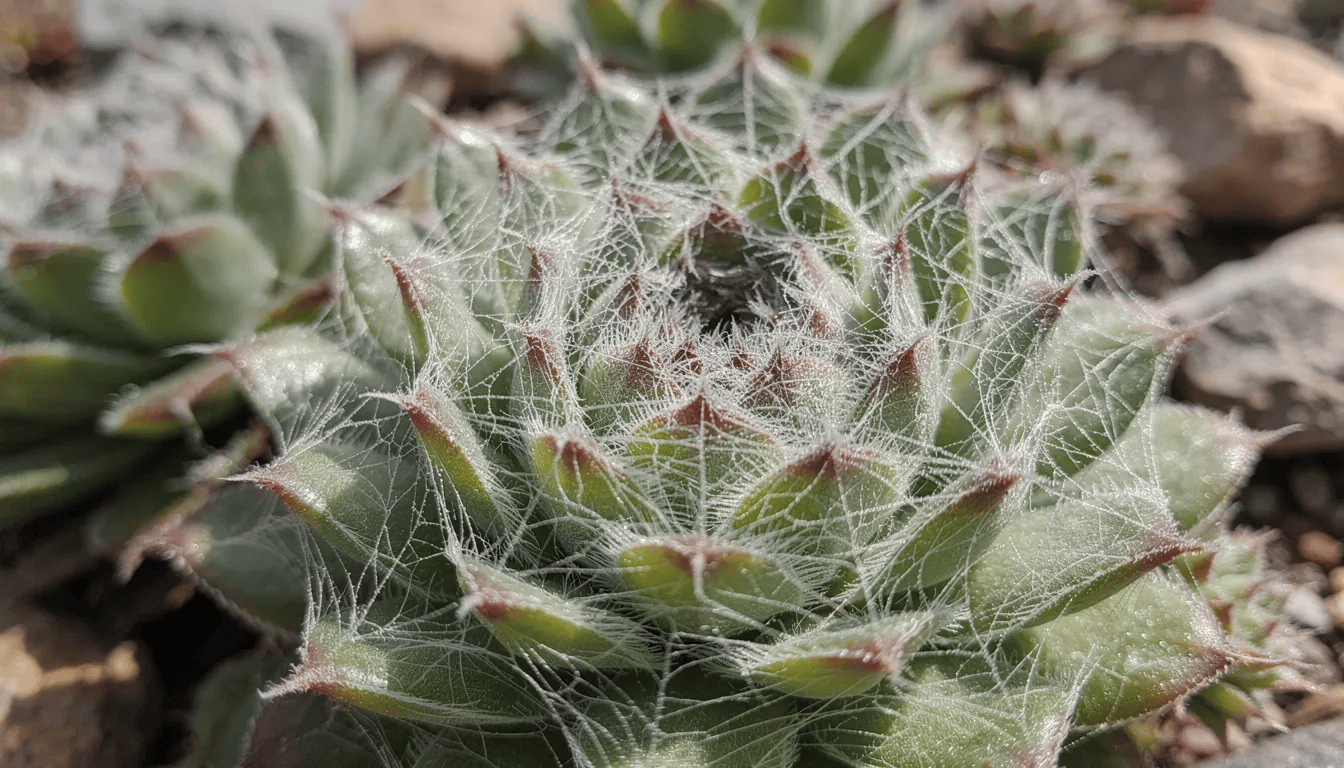 Na zbliżeniu widoczny jest rojnik pajęczynowaty, z charakterystycznymi białymi włoskami, które tworzą delikatną pajęczynę. Roślina ta, będąca częścią rodziny gruboszowatych, ma mięsiste liście i często występuje w ogrodach skalnych oraz na tarasach.