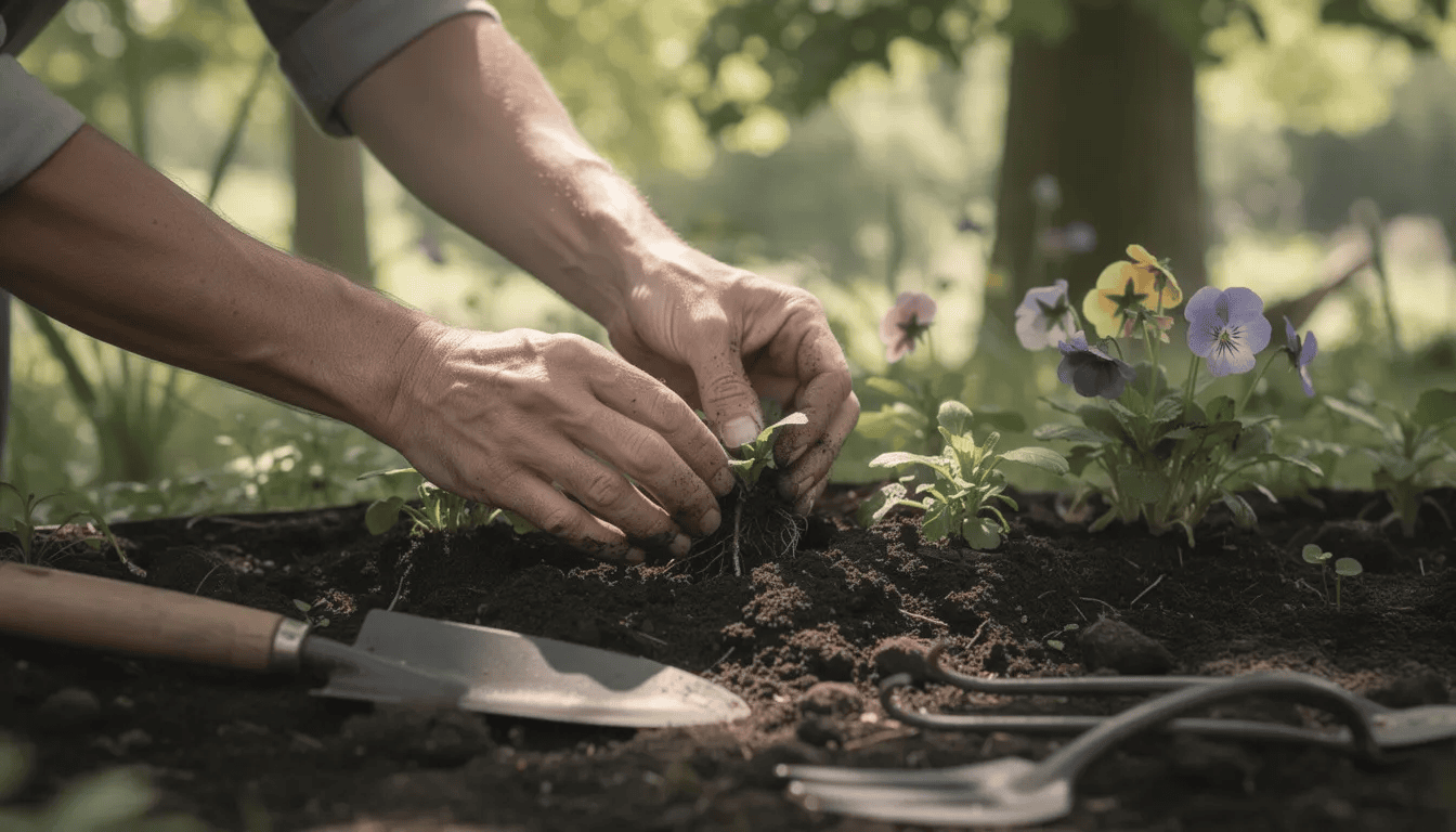 W cienistych zakątkach ogrodu, ogrodnik sadzi młode byliny, w tym tiarella cordifolia, otoczone gęstymi kępami zielonych liści i białymi kwiatami. Ręce delikatnie umieszczają rośliny w wilgotnej glebie, tworząc piękne dekoracyjne kobierce pod koronami drzew.