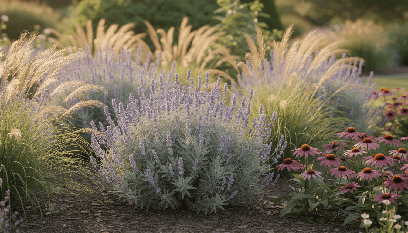 Na zdjęciu widać kompozycję ogrodową, w której dominuje perowskia łobodolistna z pięknymi fioletowoniebieskimi kwiatami, otoczona ozdobnymi trawami oraz jeżówkami. Rośliny te rosną w pełnym słońcu, tworząc harmonijną rabatę bylinową, która przyciąga wzrok swoim zwarty pokrój i intensywnymi kolorami.