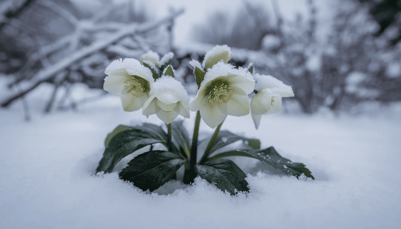 Na obrazie widać białe kwiaty ciemiernika, które wyłaniają się spod warstwy śniegu w zimowym ogrodzie, co świadczy o ich mrozoodporności. Te piękne kwiaty, znane jako róża bożego narodzenia, pojawiają się wczesną wiosną, dodając uroku zimowej scenerii.