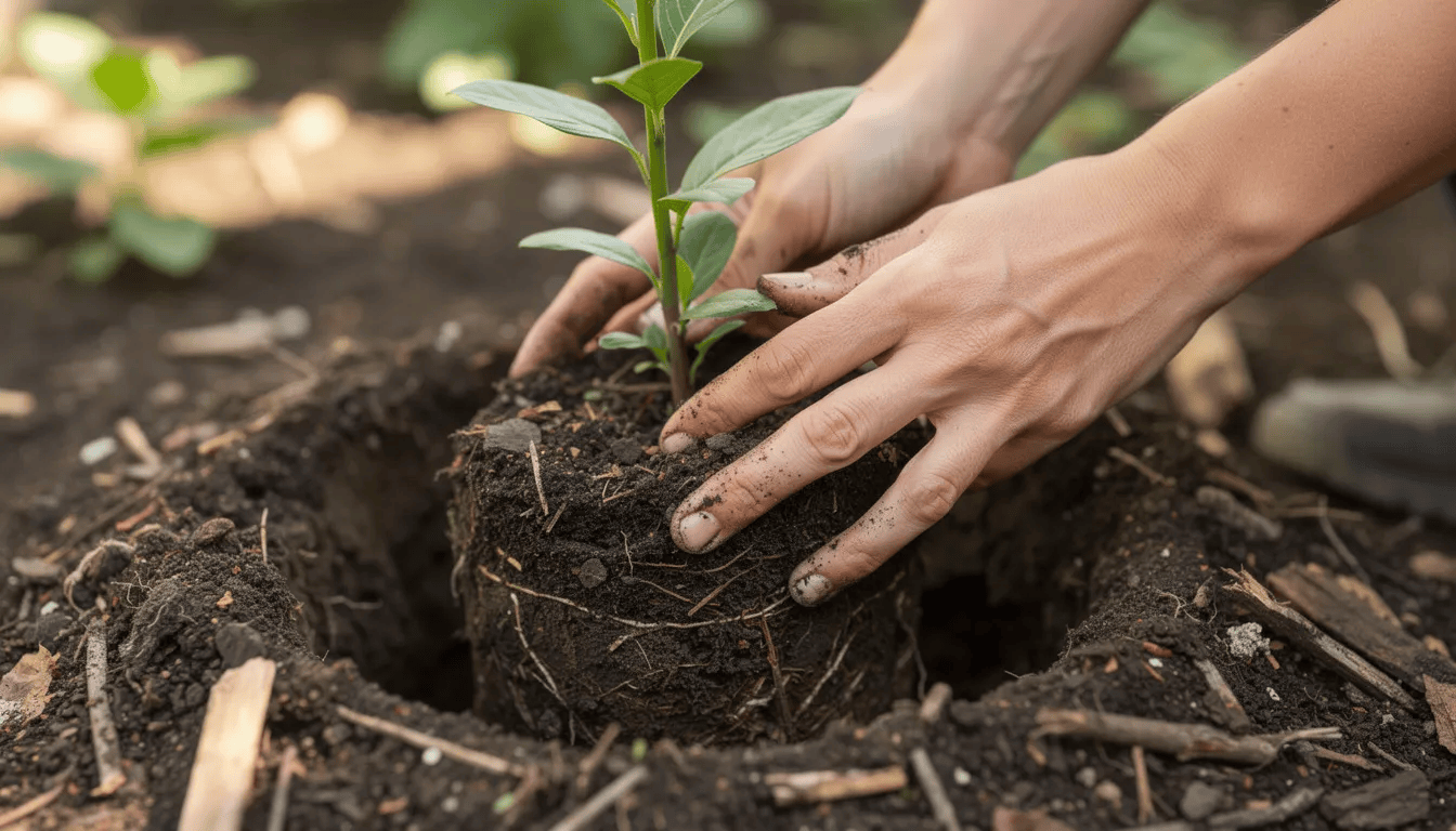 Na zdjęciu widać ręce sadzące młody krzew, prawdopodobnie budleję Dawida, w przygotowanym dołku wypełnionym kompostem. Krzew ten, znany z obfitego kwitnienia i intensywnego zapachu, przyciąga motyle i inne owady zapylające, co czyni go idealnym elementem każdego ogrodu.