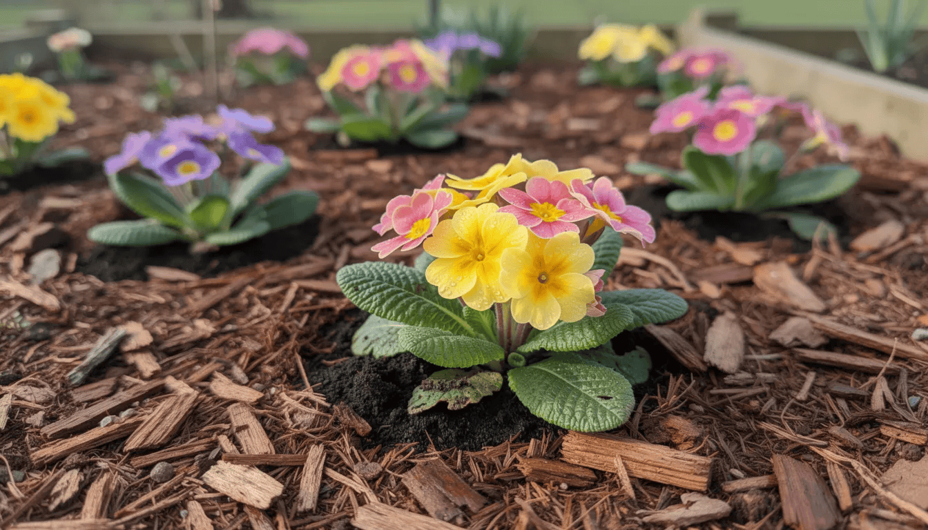 Na zdjęciu znajdują się świeżo posadzone prymulki, otoczone warstwą ściółki z kory. Rośliny te, znane również jako pierwiosnki, mają kolorowe kwiaty i liście, które wyrastają z ziemi, tworząc piękną kompozycję w ogrodzie.
