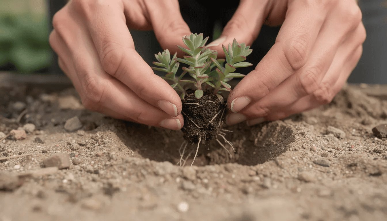Na zdjęciu widać dłonie sadzące młody rozchodnik w piaszczystą glebę, co ilustruje proces uprawy rozchodników, które są znane z dekoracyjnego wyglądu i odporności na niskie temperatury. Roślina, z mięsistymi liśćmi, jest umieszczana w słonecznym stanowisku, co sprzyja jej wzrostowi.