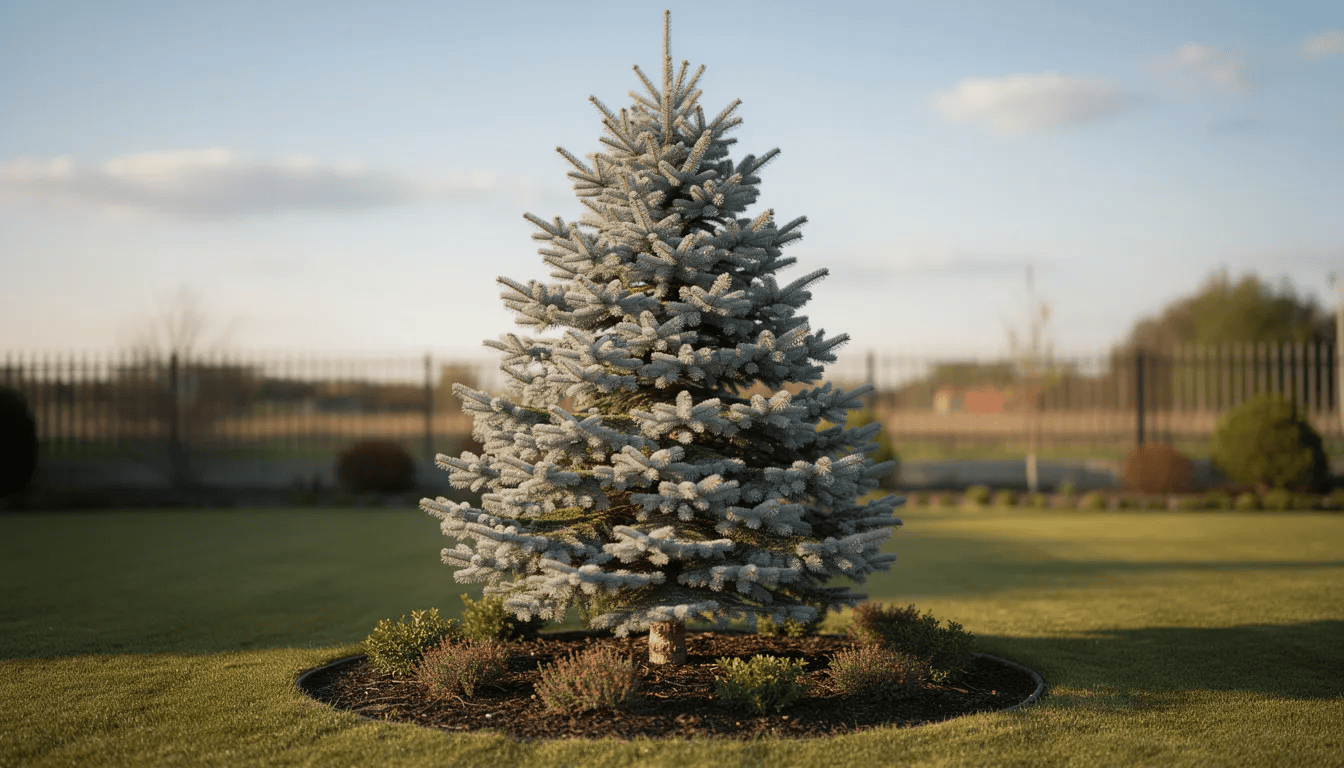 Na zdjęciu widoczny jest okazały świerk kłujący srebrny (Picea pungens), rosnący w ogrodzie jako soliter. Jego gęste, niebiesko-srebrne igły oraz silnie rozgałęziony pokrój nadają przestrzeni wyjątkowy charakter, a roślina doskonale wpisuje się w asortyment drzew i krzewów iglastych.