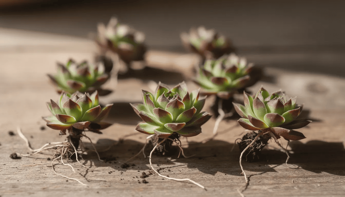 Na zdjęciu widoczne są młode rozety rojników, oddzielone od rośliny matecznej, gotowe do posadzenia. Rośliny te charakteryzują się mięsistymi liśćmi i są idealne do ogrodów skalnych oraz na stanowiska słoneczne, gdzie wymagają umiarkowanego podlewania.