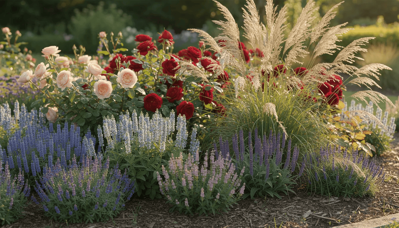 W słonecznym ogrodzie znajduje się mieszana rabata bylinowa, na której rosną różnorodne przetaczniki, w tym przetacznik kłosowy oraz przetacznik rozesłany, otoczone przez kolorowe róże i ozdobne trawy. Rośliny tworzą gęste kobierce, a ich długie kwiatostany dodają rabacie uroku, szczególnie w okresie obfitego kwitnienia od czerwca do sierpnia.