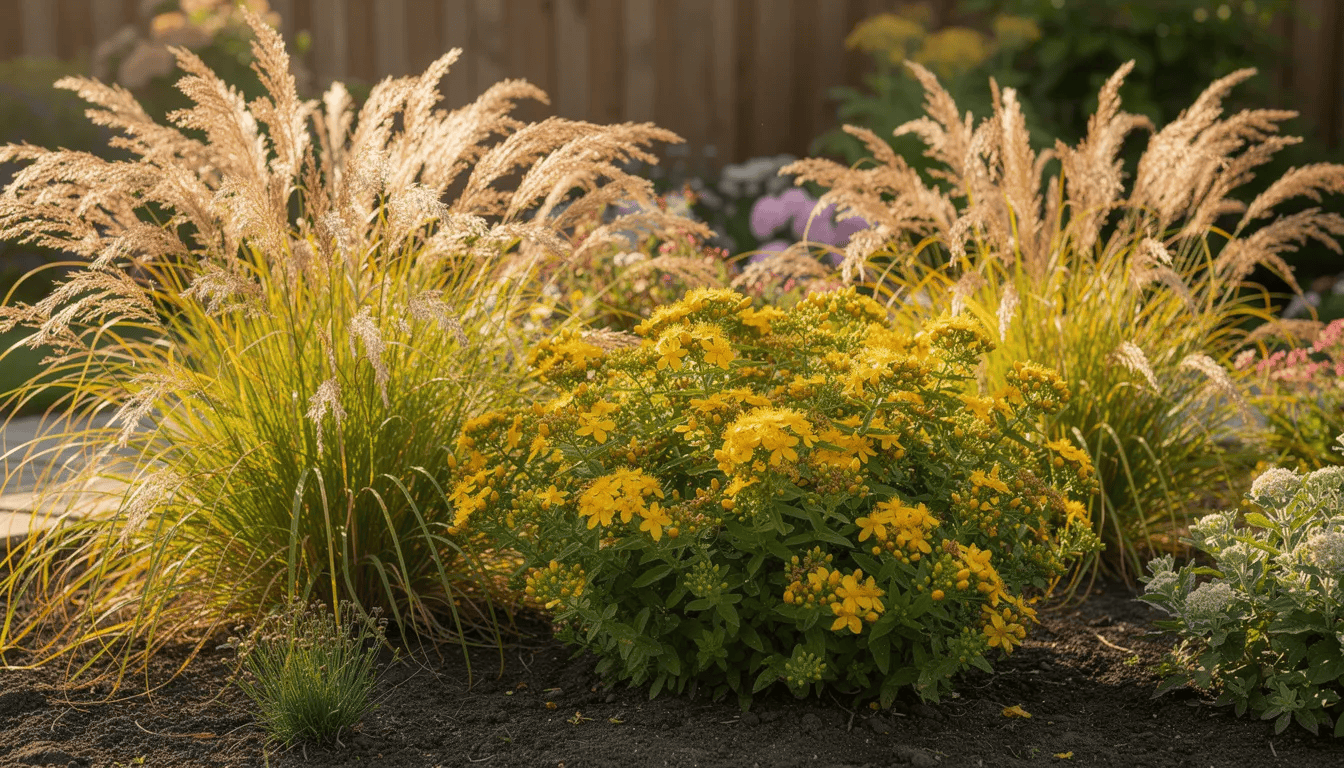 Na rabacie w słonecznym ogrodzie rośnie dziurawiec zwyczajny, charakteryzujący się złocistymi kwiatami i rozgałęzionymi łodygami, otoczony ozdobnymi trawami. Rośliny te tworzą estetyczny widok, idealny dla nasłonecznionych stanowisk, a ich liście rosną naprzeciwlegle, co dodaje uroku całej kompozycji.