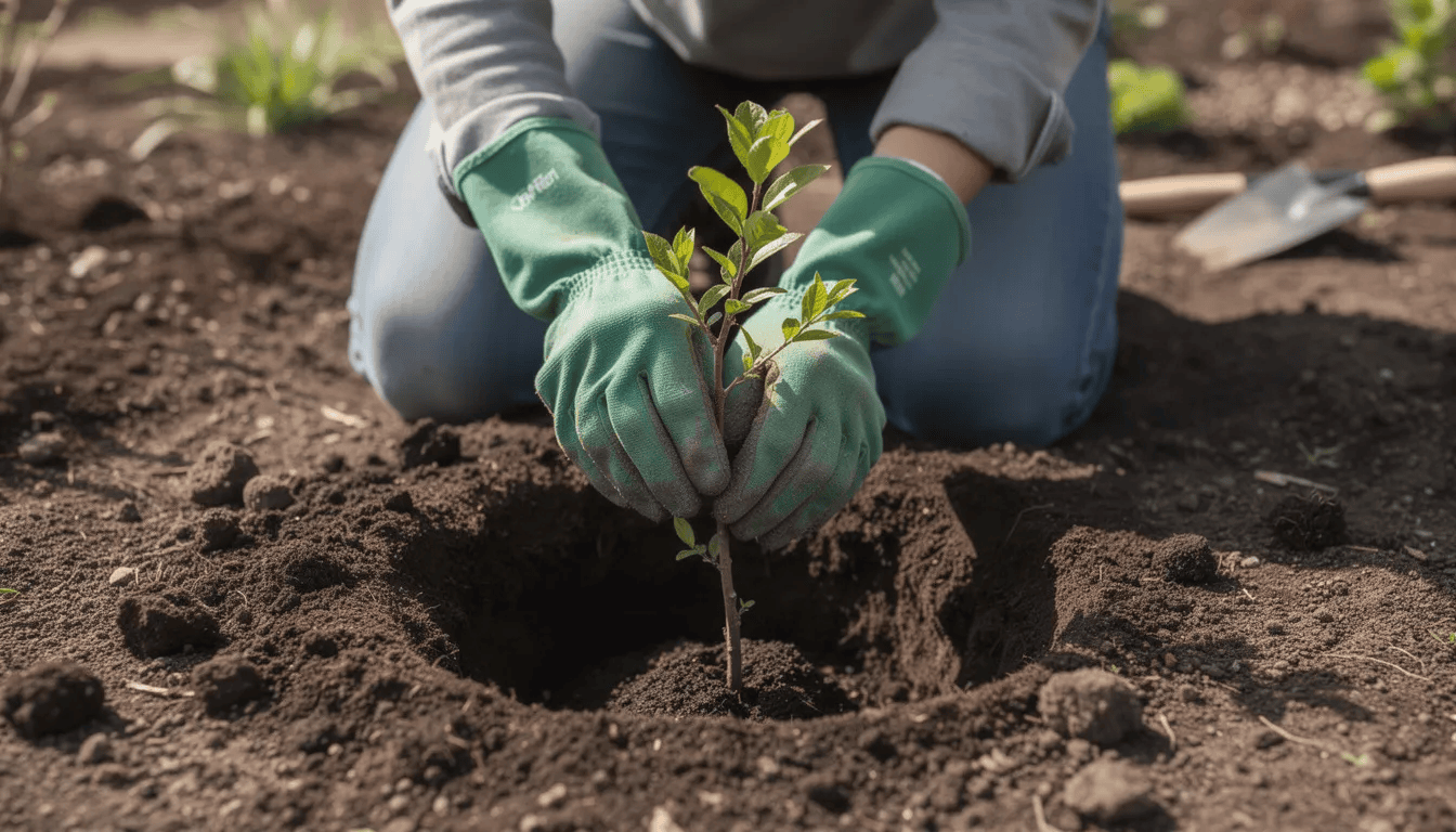 Osoba w ogrodowych rękawiczkach sadzi młody krzew w przygotowanym dołku, dbając o właściwe umiejscowienie rośliny, co jest istotne dla obfitego owocowania w przyszłości. W tle widać inne rośliny, co sugeruje, że to część przydomowego ogrodu, gdzie można uprawiać różne gatunki krzewów owocowych.