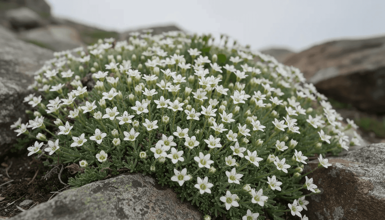 Na skalniaku między kamieniami rozciąga się gęsty dywan białych kwiatów piaskowca górskiego, które tworzą piękne, dekoracyjne kobierce. Rośliny te, znane jako arenaria montana, preferują stanowiska słoneczne i doskonale radzą sobie w ogrodach skalnych.