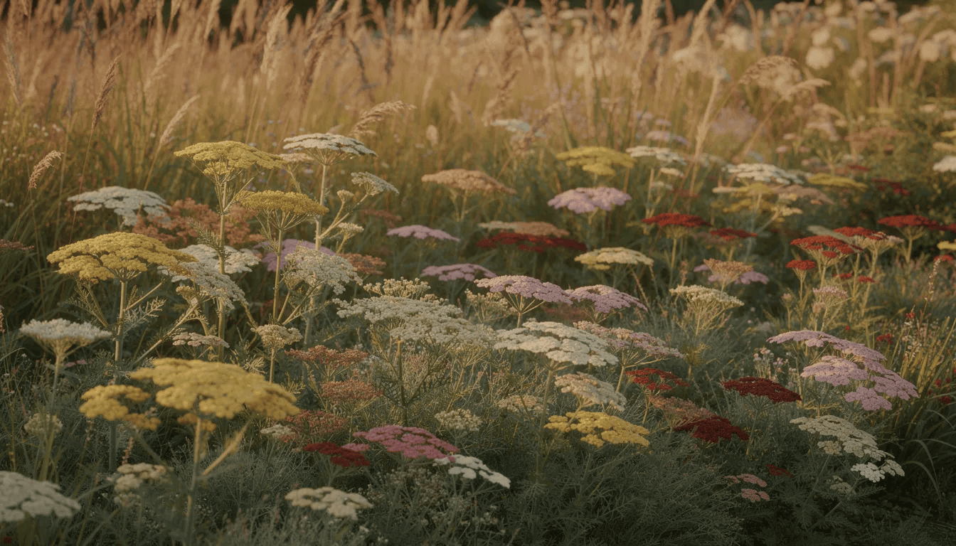 Na obrazku przedstawiony jest naturalistyczny ogród, w którym rosną różne odmiany krwawnika, w tym krwawnik pospolity i krwawnik wiązówkowaty, otoczone ozdobnymi trawami. Kwiaty krwawnika w odcieniach białym, żółtym i czerwonym tworzą kolorowy akcent w ogrodzie, który jest idealnym miejscem dla roślin wieloletnich i ozdobnych.