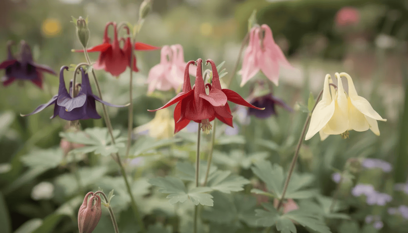 Na zdjęciu widoczne są kolorowe kwiaty orlika ogrodowego, znane z charakterystycznych długich ostrog, rosnące w umiarkowanie wilgotnym ogrodzie bylinowym. Kwiaty te, przypominające szpony orła, kwitną wczesną wiosną, dodając uroku rabatom i skalniakom.